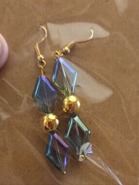 Iridescent Blue-Green Faceted Dangle Earrings with Gold Accents